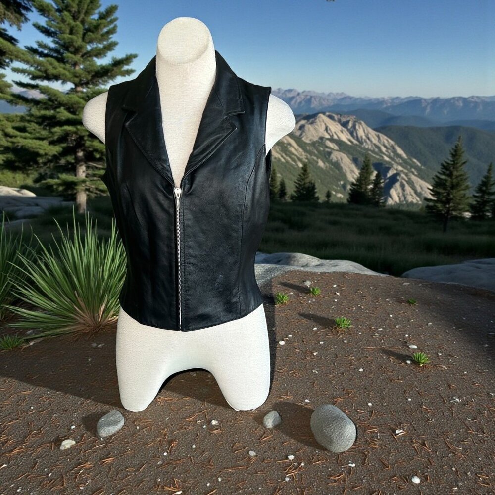 Wilsons Maxima Black Leather Front Biker Full Zip Vest Size Large